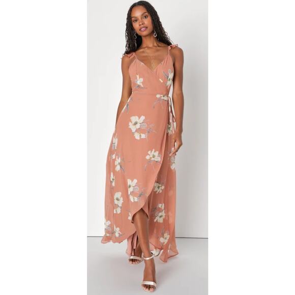 Lulus Dresses & Skirts - Lulu's All Mine Rusty Rose Floral Print High-Low Wrap Maxi Dress Wedding Guest L